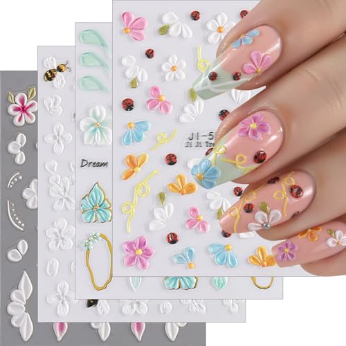 4 Sheets Floral Nail Stickers for DIY Manicure - Spring & Summer Designs