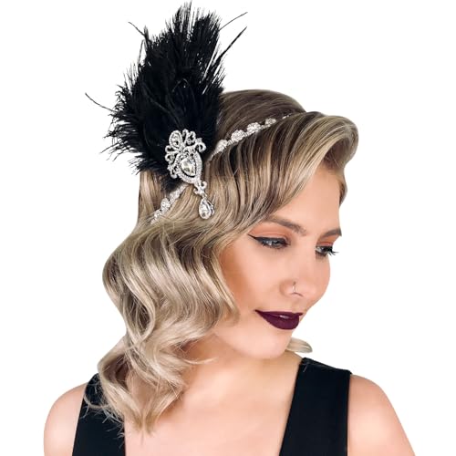 SWEETV 1920s Flapper Headpiece, Black Ostrich Feather Gatsby Hair Accessory