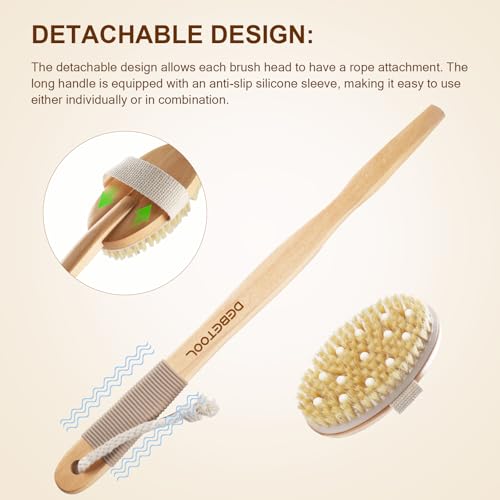 DEBETOOL Dry Brushing Set - Natural Boar Bristle Body & Face Brush, Wooden Long Handle Scrub Brush for Cellulite & Lymphatic Drainage Body Care, Detachable, 3 Brush Heads