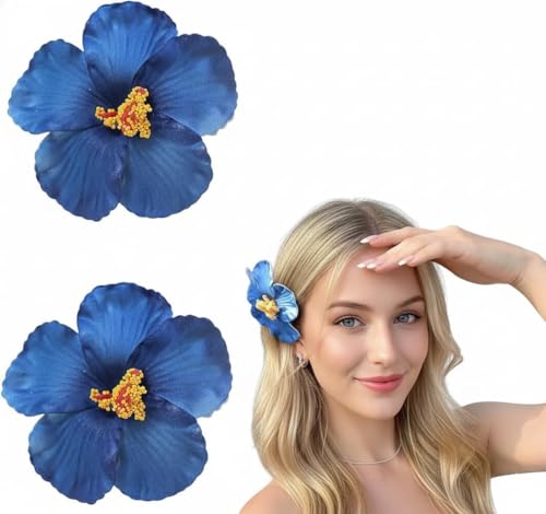 Blue Plumeria Hibiscus Flower Hair Clips - Set of 2