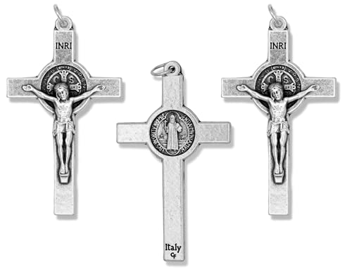 Pack of 3 St Benedict Crucifixes - 2 1/8 Inch Silver Oxidized for Rosary Making
