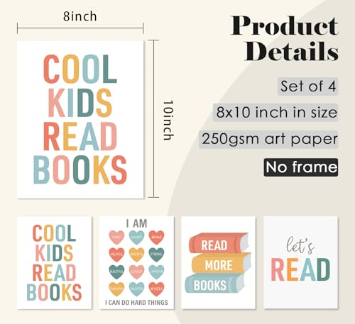 Let's Read Wall Art Prints Set for Kids Reading Nook - 8x10 Unframed