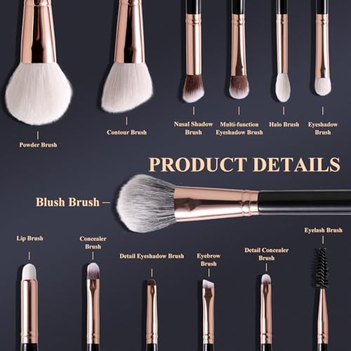 13-Piece Black Makeup Brush Set with Goat Hair & Synthetic Bristles for Face & Eyes