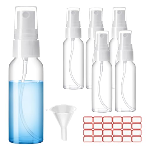 Zoizocp Spray Bottles, 2oz/50ml Clear Empty Fine Mist Plastic Mini Travel Bottle Set, Small Refillable Liquid Containers with 2pcs Funnels and 24pcs Labels (6 Pack)