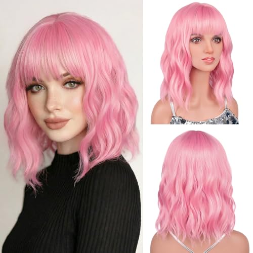 Light Pink Wavy Bob Wig with Bangs - 14 Inch Shoulder Length