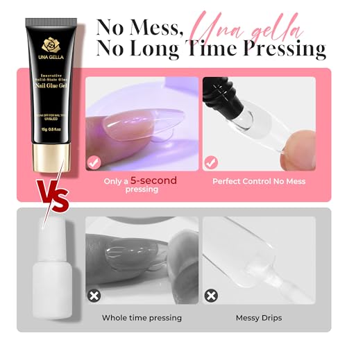 UNA GELLA Solid Nail Glue Gel 15ml Lamp Curing Needed Solid Soak Off U V/LED Lamp Required Super Strong Glue for Fake Acrylic Soft Gel Nail Tips Press On Nails Art Extension