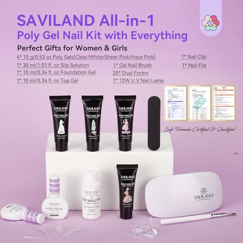 SAVILAND Hema-Free Poly Gel Nail Starter Kit with UV Lamp & 4 Colors