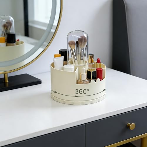 360 Rotating Makeup Organizer with Dust-Proof Lid - Beige