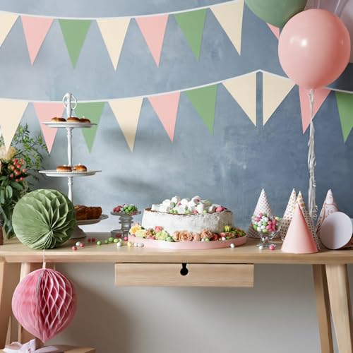 Sage Green and Pink Pennant Banner Garland - 49.2 Ft for Parties