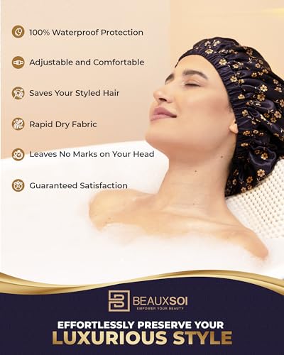 Satin-Lined Luxury Shower Cap for Women - Fleur de Nuit Design, Adjustable & Waterproof