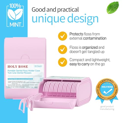 Holy Rose Pink Dental Floss Picks Travel Case 2 Pack, 104 Mint-Flavored Flossers