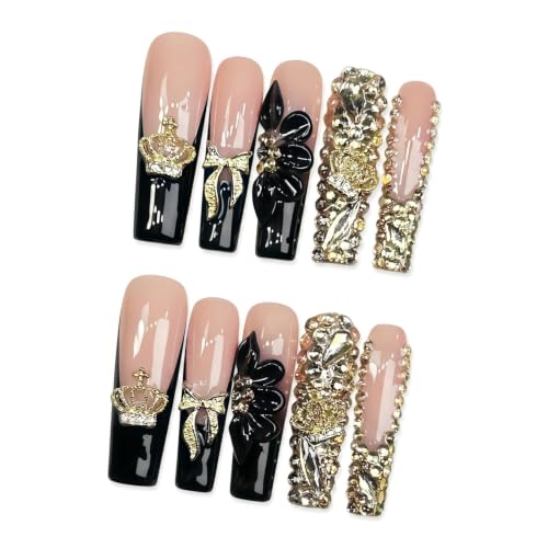 French Black Square Press-On Nails - 10 Pcs Handmade Luxury Fake Nails