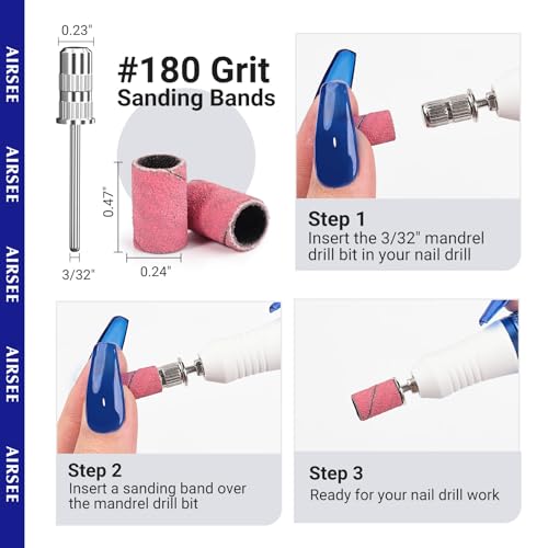 AIRSEE 100-Piece Nail Drill Sanding Bands Set - 180 Grit Pink