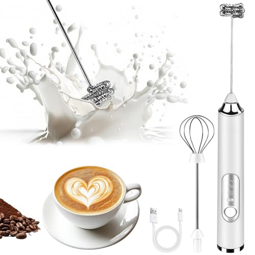 Rechargeable Handheld Milk Frother with 2 Whisks - 3 Speed Electric Mixer for Lattes & Matcha