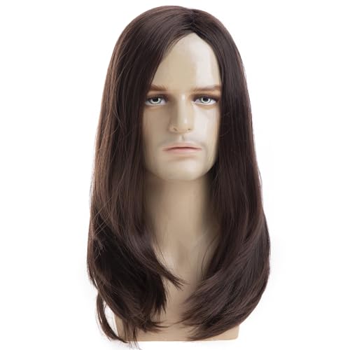 Mens Brown Long Straight Synthetic Heat-Resistant Wigs for Halloween Party Cosplay