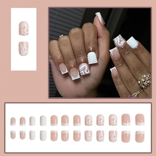 French Tip Press On Nails - Short Square Acrylic with Stripes (24 Pack)