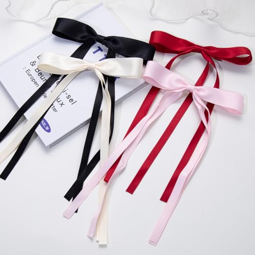Mythos 4-Piece Long Tail Ribbon Hair Bow Clips for Women