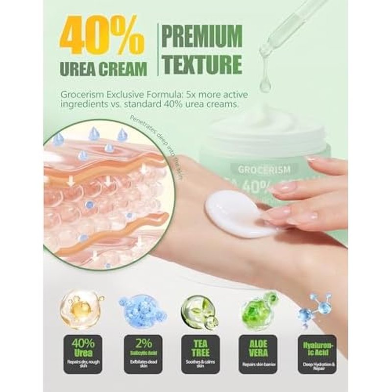 Grocerism Urea Cream 40 Percent For Feet Plus 2% Salicylic Acid 5.29 oz || Foot Cream and Hand Cream Maximum Strength with Hyaluronic Acid,Tea Tree,and Aloe Vera For Deep Moisturizes,Callus Remover