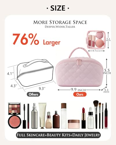 MINGRI Pink Quilted Makeup Bag Set - 2 Pcs Travel Toiletry Bags