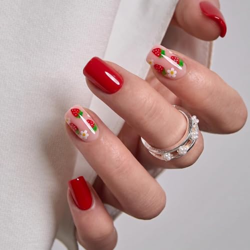 CurvLife Strawberry Kiss Short Square Press On Nails - 32PCS