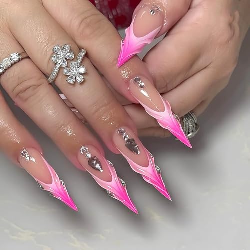RUOKEXIN Long Stiletto Press On Nails 24Pcs French Tip Ombre with Rhinestones 3D Glossy Extra Long New Long Style 40