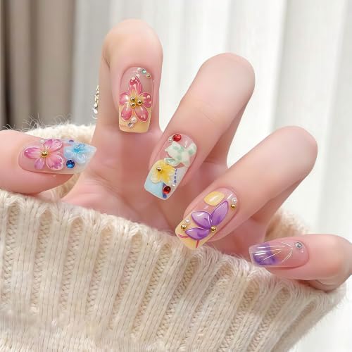 Medium Almond Press on Nails ZF305 - Handmade Floral Designs with Rhinestones & Pearls, 24 Pcs Reusable Kit