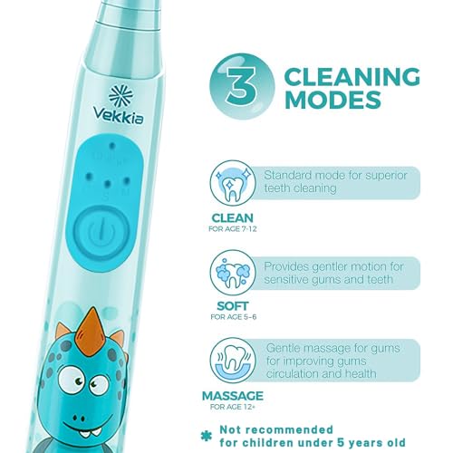 Vekkia Rechargeable Kids Electric Toothbrush - Blue, 3 Modes, Soft Bristles, Waterproof