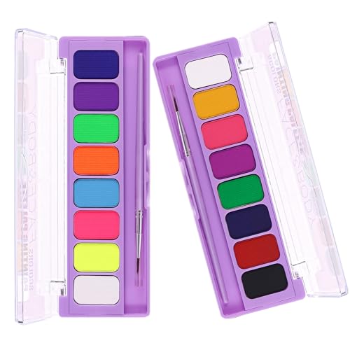 MEICOLY 2-Pack Water Activated Neon Face & Eye Paint Palette, 16 Colors - UV Glow, Matte, Hypoallergenic, Body & Face Makeup Kit