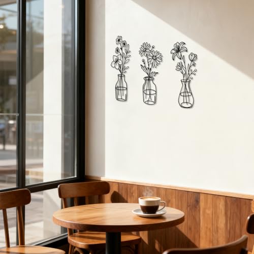 Metal Flower Wall Decor Set - 3 Pcs Wrought Iron Vases for Home