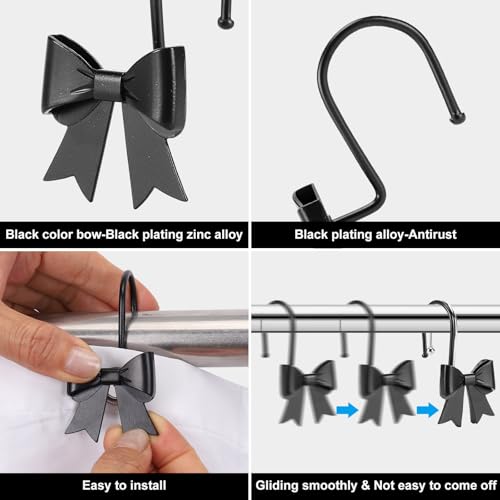 Black Metal Decorative Bow Knot Shower Curtain Hooks - 12 Pack