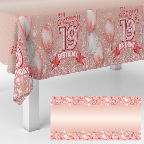Pink Glitter Happy 19th Birthday Tablecloth - 53 x 108 in