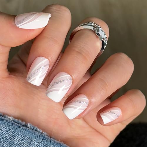 CurvLife Silver Whisper Short Gel Press On Nails Kit - Reusable Fake Nails with Glue & Tabs, Long-Lasting Square Manicure for Women