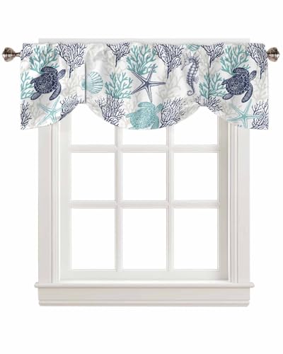Coastal Tie Up Valance Curtains - Teal Blue 54"x18" for Kitchen & Bathroom