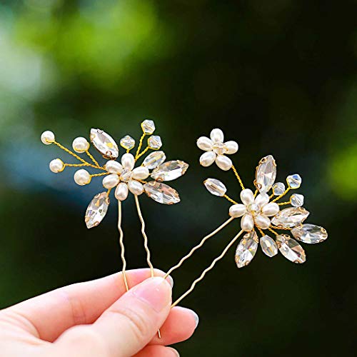 JAKAWIN Bridal Pearl & Crystal Hair Pins, Gold Wedding Hair Accessories Set of 2