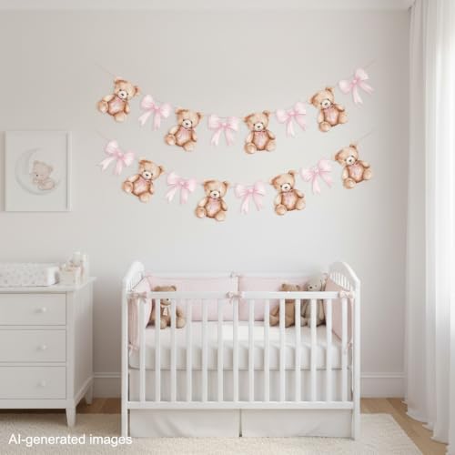 We Can Bearly Wait Teddy Bear Banner Set with Pink Bow - 2PCS Baby Shower Decorations