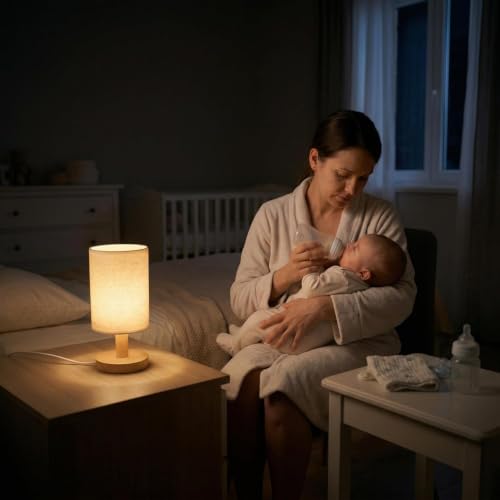 USB Powered Minimalist Bedside Table Lamp with Wood Base & Fabric Shade
