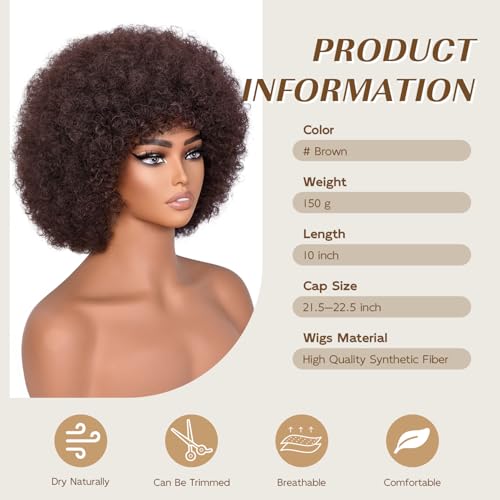 YWAYS HAIR Brown Afro Wig with Bangs for Black Women 70s Curly Short Synthetic Cosplay