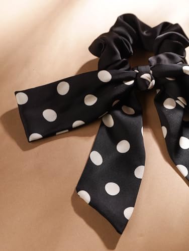 MINACHI Polka Dot Bow Tail Scrunchie - Black Satin Hair Tie TIES.016