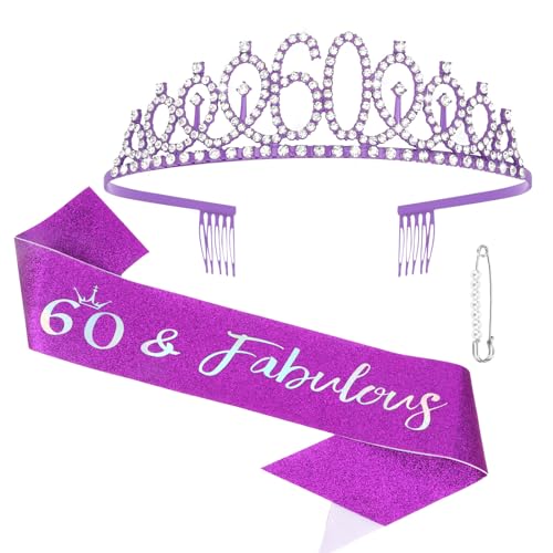 Semato Purple 60th Birthday Tiara and Sash Kit - Purple Crown & Glitter Gold Sash for Women