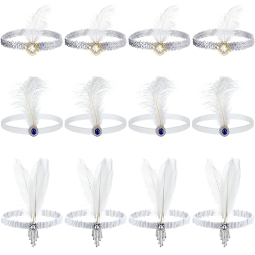 Seematn White 12 Pcs 1920s Flapper Headpiece with Rhinestones & Feathers