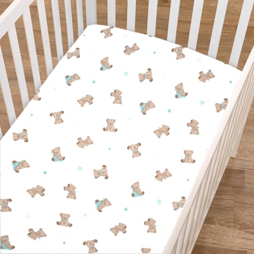 Fitted Mini Crib Sheets 2 Pack - 100% Cotton, 24x38, Bear & White