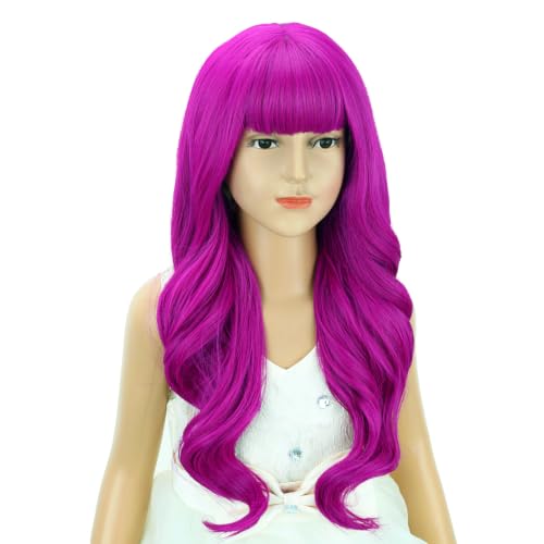 Kids Long Wavy Rose Purple Wig with Bangs - 22-Inch Synthetic Curly Hair