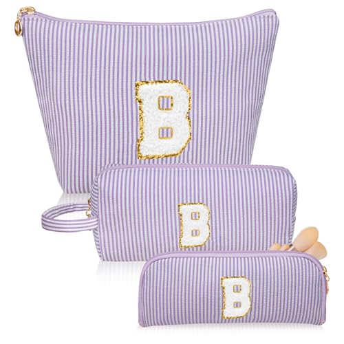 Personalized Initial Makeup Bag Set - Embroidered Stripe, PurpleB