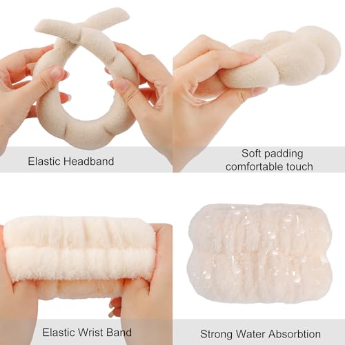 SuPoo 6pcs Khaki Spa Headband & Wristband Set - Soft Microfiber Face & Makeup Headbands