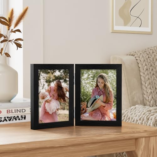 Vittanly 5x7 Double Picture Frame - Hinged MDF Design with Plexiglass