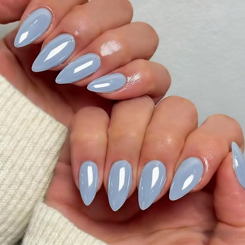 SXVME Sky Blue Chrome Press On Nails - Almond Shape, 24 Pcs