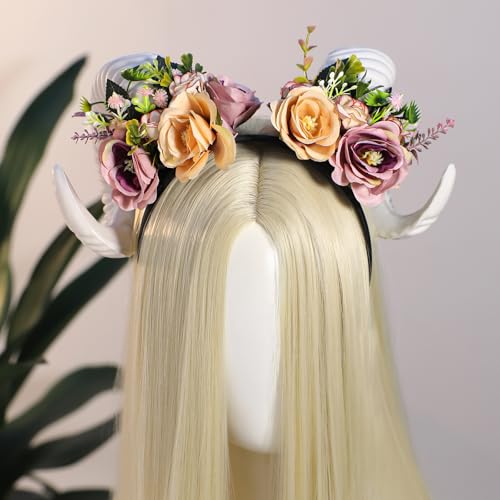 MOSTORY Flower Sheep Horns Headband for Renaissance Halloween Cosplay