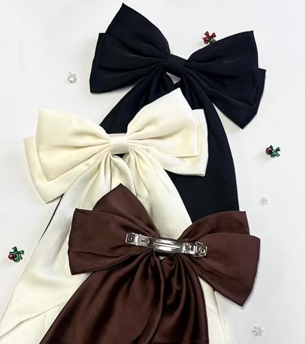 Vintage Hair Bows for Women - 8 PCS Satin Bow Clips with Long Tails