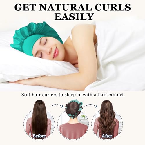 Gwabee No Heat Overnight Curl Headband, 70" Soft Ribbon Wrap for Long Hair, 9 PCS Hair Curling Rods Set - Blue Green