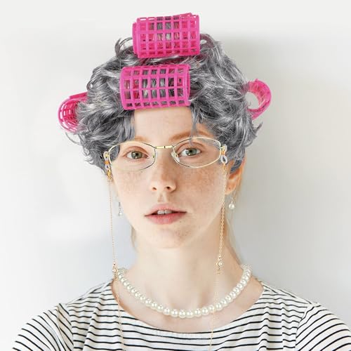 Old Lady Costume Set with Gray Curly Wig, Glasses, and Pearl Necklace